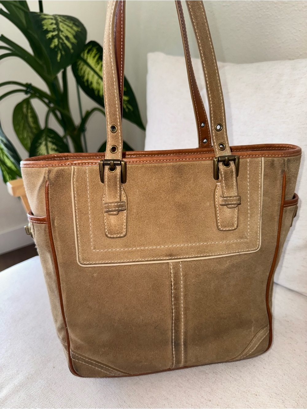 Vintage Coach Y2K Tan Brown Suede Leather Trim Tote Shoulder Bag Purse #F10410 - Picture 3 of 17